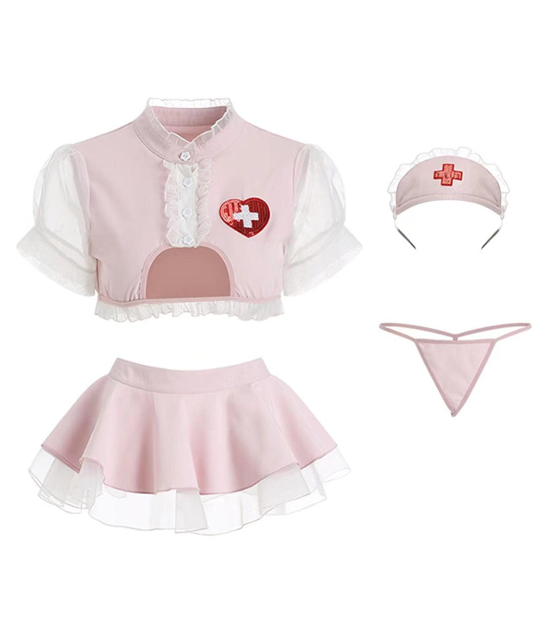 Mesh Bubble Sleeve Sweet Nurse Uniform Set - La Lune
