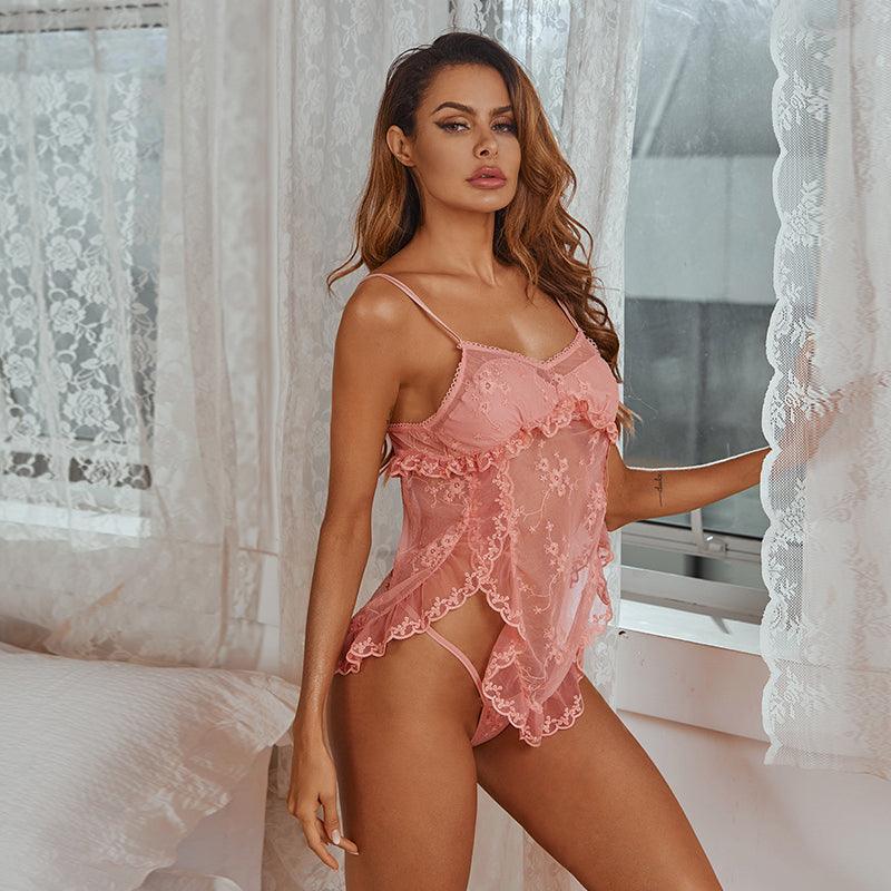Sensual Pink Lace Alluring Slit Camisole Sleep Gown - La Lune