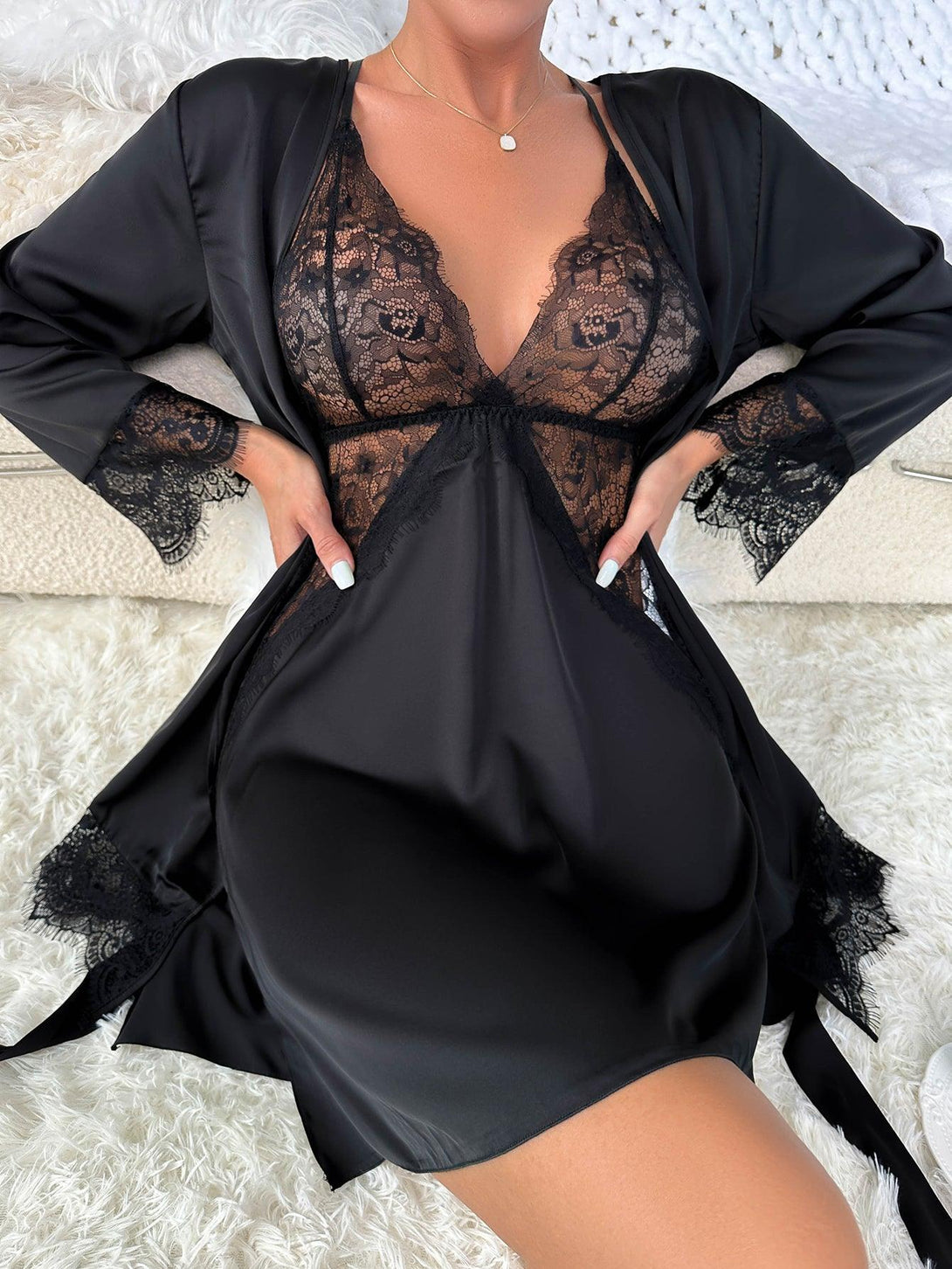 Sensual Satin Lace-Trimmed Sheer Night Robe - La Lune